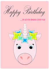 happy birthday, cartoon cute blue-eyed pink unicorn with horn and colored decoration	