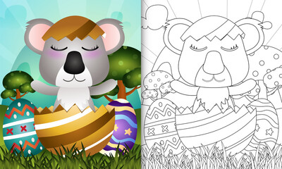 coloring book for kids themed happy easter day with character illustration of a cute koala in the egg
