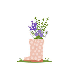 A bouquet of flowers in boots. A symbol of spring and gardening. Cute vector illustration.
