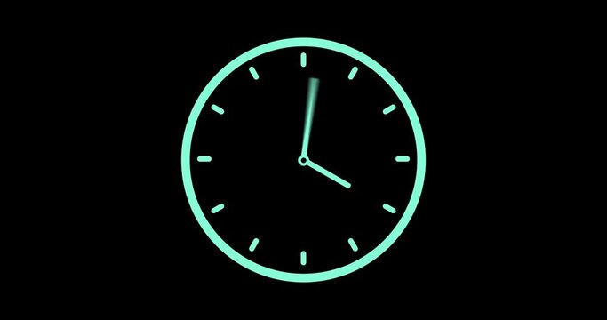 Clock icon with moving arrows in 12 hour loop. Stopwatch animation. Alpha channel