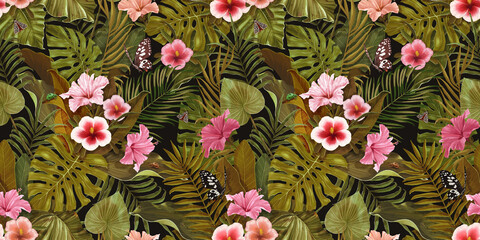 Panele Szklane  Oryginalny wzór tropikalny z kwiatami i liśćmi hibiskusa. Wzór z kolorowych liści colocasia, filodendron, monstera. Egzotyczna hawajska tapeta. Rysunek odręczny
