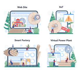 Wood industry online service or platform set. Frame saw operator