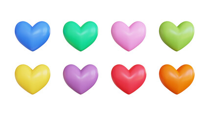 Brightly colored 3d heart candies on a white background.