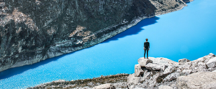 woman in viewpoint of the paron lagoon, huaraz, cordillera blanca, peru