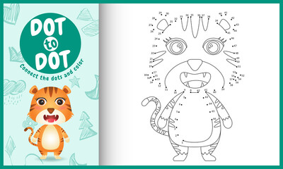 Connect the dots kids game and coloring page with a cute tiger character illustration