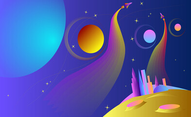 Space futuristic background. Colorful planets. Rockets, futuristic city, moon, stars. Vector illustration. 