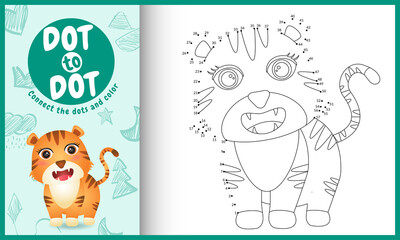 Connect the dots kids game and coloring page with a cute tiger character illustration