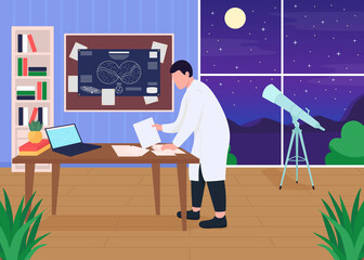 Astronomers workplace flat color vector illustration. Different science instruments and devices for space exploration. Smart person 2D cartoon characters with telescope on background