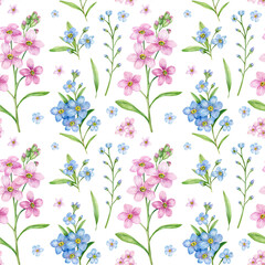 Watercolor seamless pattern with woldflowers. Forget-me-not flowers, pink and blue on white background.
