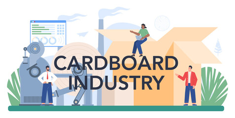 Fototapeta premium Cardboard industry typographic header. Paper factory process. Cutting wood