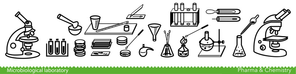 Set of microbiological lab icons. Miscellaneous laboratory devices and equipment. Vector Illustration - obrazy, fototapety, plakaty