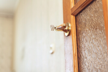 Empty room with open wooden door in classic retro style.