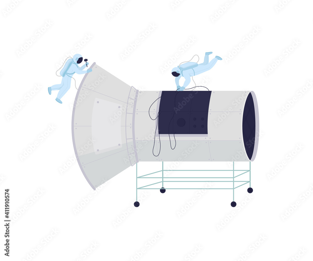 Poster astronauts in space flat color vector faceless character. fixing problems of spaceship in outer spac