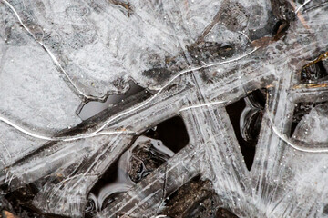 ice crust texture, formed ice on the water surface, with light frost, winter or spring background