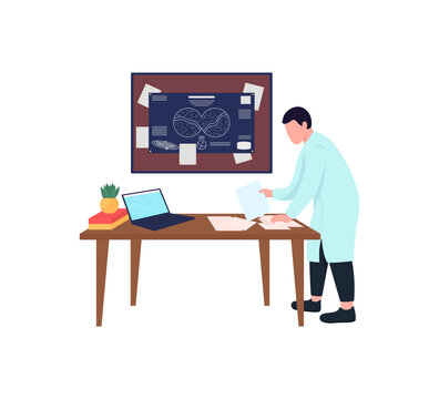 Astronomer working flat color vector faceless character. Scientist making tests to explore new things. Knowledge about space isolated cartoon illustration for web graphic design and animation