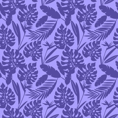 Seamless patterns with tropical exotic leaves and flowers. Vector image in blue tones.