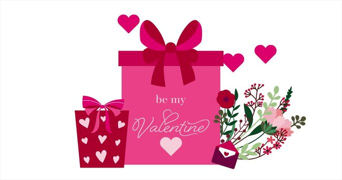 Be my Valentine english card calligraphy  with flowers and gifts. On white background for Valentines day concept. Declaration of love. The 14th of February.