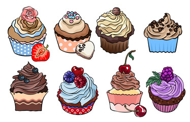 Set of 8 drawings of pastry, bakery and cookies. Collection of vector stock food illustrations, isolated on white background, for custom design and print.