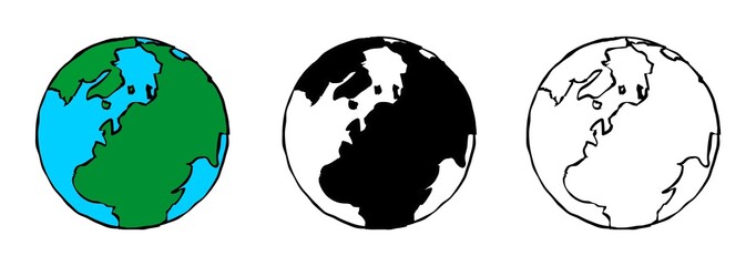 Hand Drawn Globe Earth Vector Illustration Set isolated on White