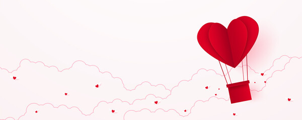 Valentine's day, love concept background, paper red heart shaped hot air balloon floating in the sky with cloud, blank space, paper art style