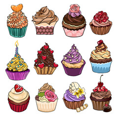 Set of 12 drawings of cupcakes, pastry, bakery and cookies. Collection of vector stock food illustrations, isolated on white background, for custom design and print.