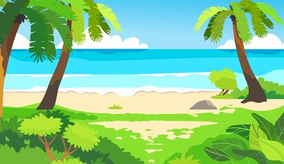 Fototapeta na wymiar Vector illustration of summer tropic beach, sea or ocean, palm tree and other exotic plants. Creative social media horizontal banner or flyer or web landing page for a tour operator or travel agency.