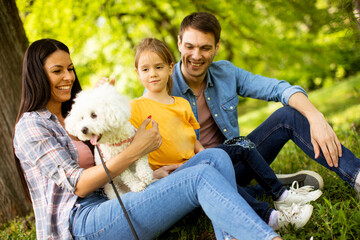 Beautiful happy family is having fun with bichon dog outdoors