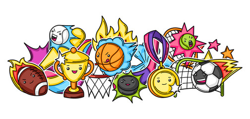 Background with kawaii sport items.