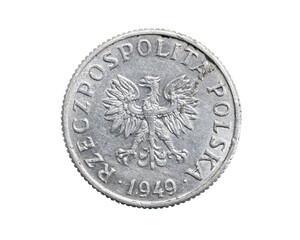 one Polish grosz coin on a white isolated background