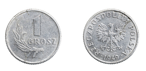 one Polish grosz coin on a white isolated background