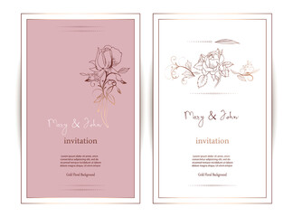 Rose gold and white floral wedding invitation card.