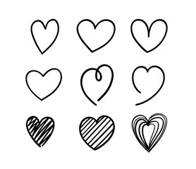 Black silhouettes of hearts isolated on white background. Vector template for graphic design