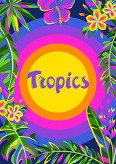 Background with tropical flowers and palm leaves.