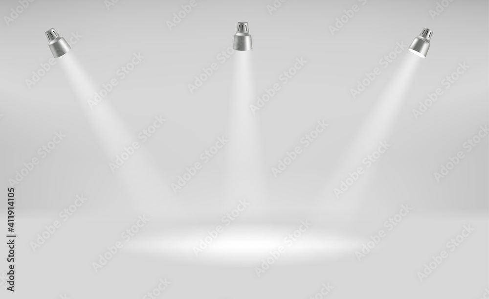 Aufkleber photorealistic bright stage with projectors. presentation vector template
