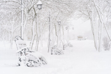 winter city park, benches covered in snow and snowfall