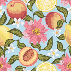 Beautiful seamless pattern with peach, lemon, flowers and leaves. Colorful hand drawn vector illustration. Texture for print, fabric, textile, wallpaper.