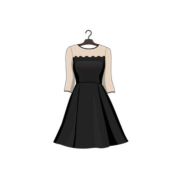 recommend clip art: Black dress on hanger. Vector illustration. Fashion elegant clothing. Women clothes graphic isolated clip art.