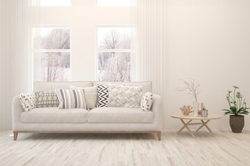 White living room with sofa and winter landscape in window. Scandinavian interior design. 3D illustration