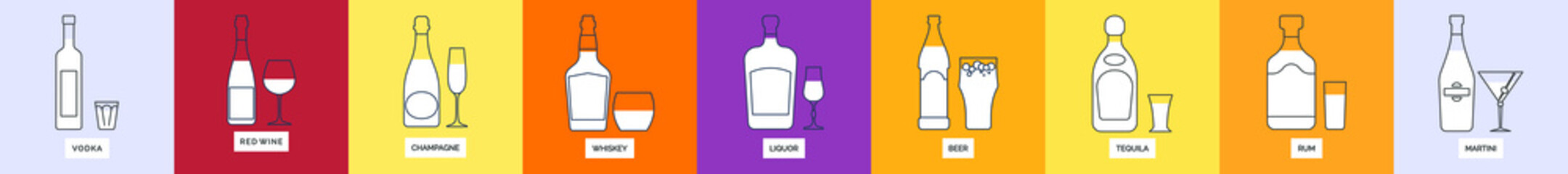 Bottle and glass vodka red wine champagne whiskey liquor beer tequila rum martini line art in flat style. Alcoholic illustration on color background. Isolated contour element. Beverage outline icon.