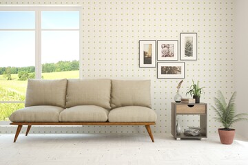White living room with sofa and summer landscape in window. Scandinavian interior design. 3D illustration