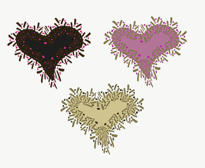 Vector illustration of the heart shape. Original heart-shaped icons arranged in isolation on a white background. For posters, postcards, and Valentine's Day. Collection of hearts.