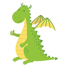 A cute cartoon dragon character giving a thumbs up