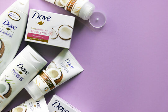 Dove products, shower gel, shampoo, body milk, soap, hand cream with coconut milk.
