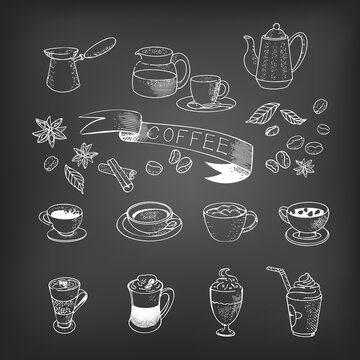 Coffee, espresso, cappuccino, mochachino, glasses, set of coffee cups, coffee beans. Vector coffee icons in vintage sketch style in white on a chalkboard.