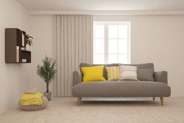White living room with sofa. Scandinavian interior design. 3D illustration