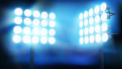Bright floodlights at a sports stadium. Show stage on a blue background. Sports game. Abstract vector illustration.