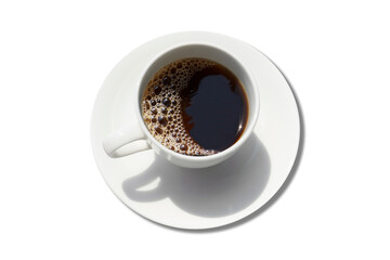 White cup of black coffee and spoon isolated on white background