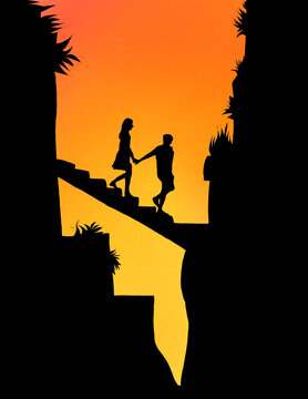 Beautiful Illustrated  Silhouette of  a Couple Walking On Stairs .
