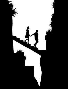 Silhouette Of Couple Walking On Stairs on White Background .