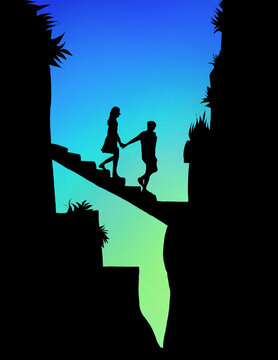 Silhouette Of Couples  Walking On Stairs On Mid night .